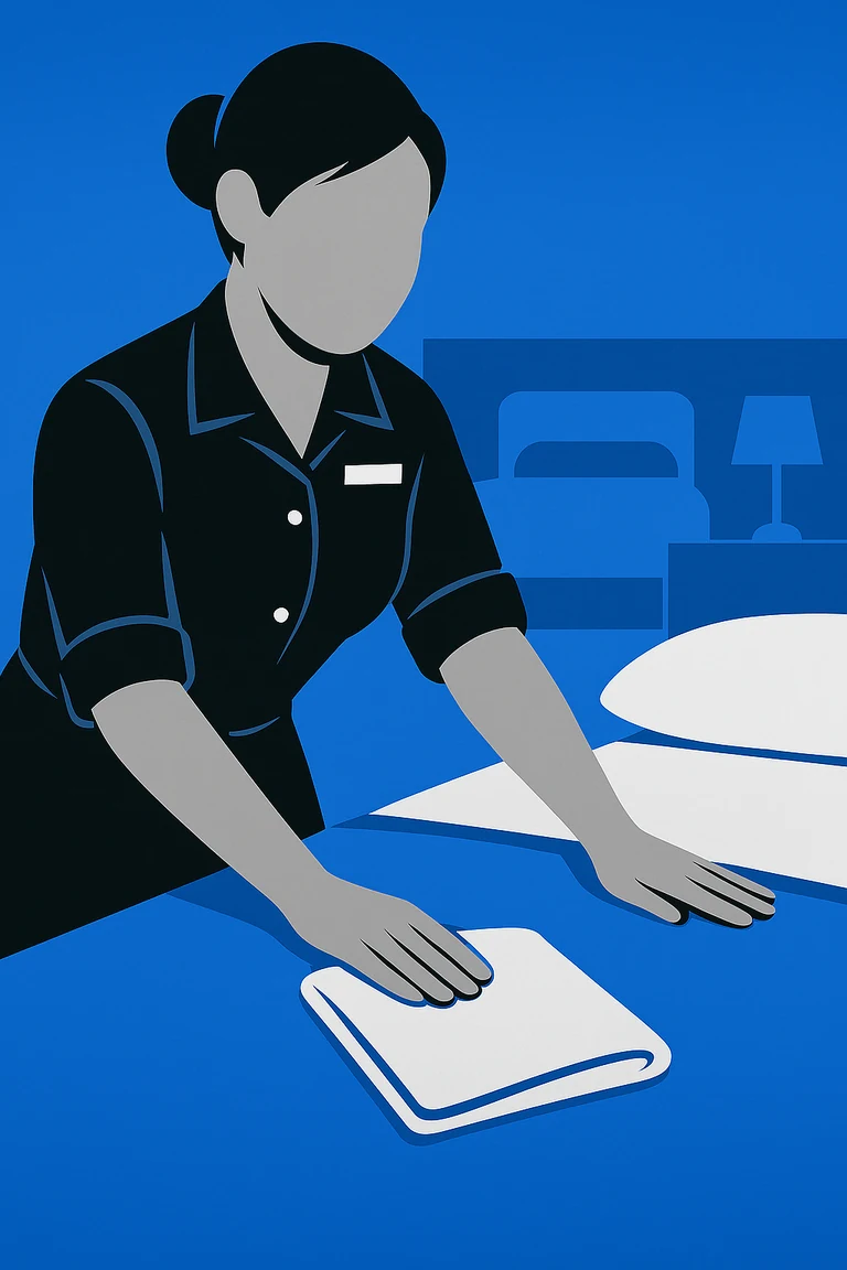 Illustration of a Room Attendant making a bed