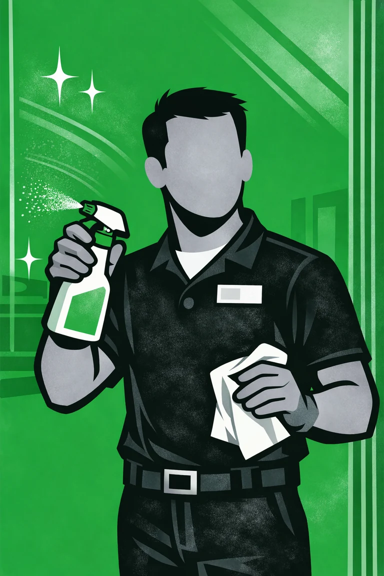 Illustration of a Public Areas Attendant cleaning a surface