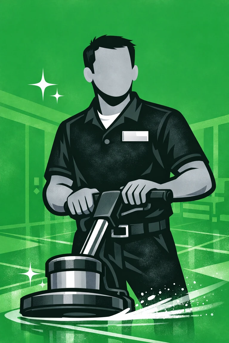 Illustration of a Public Areas Floor Technician polishing a floor