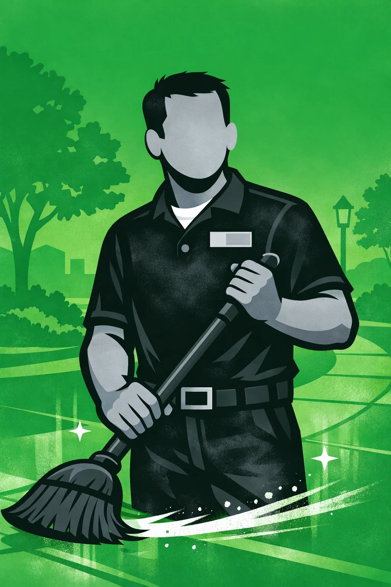 Illustration of a Grounds Attendant maintaining an outdoor area
