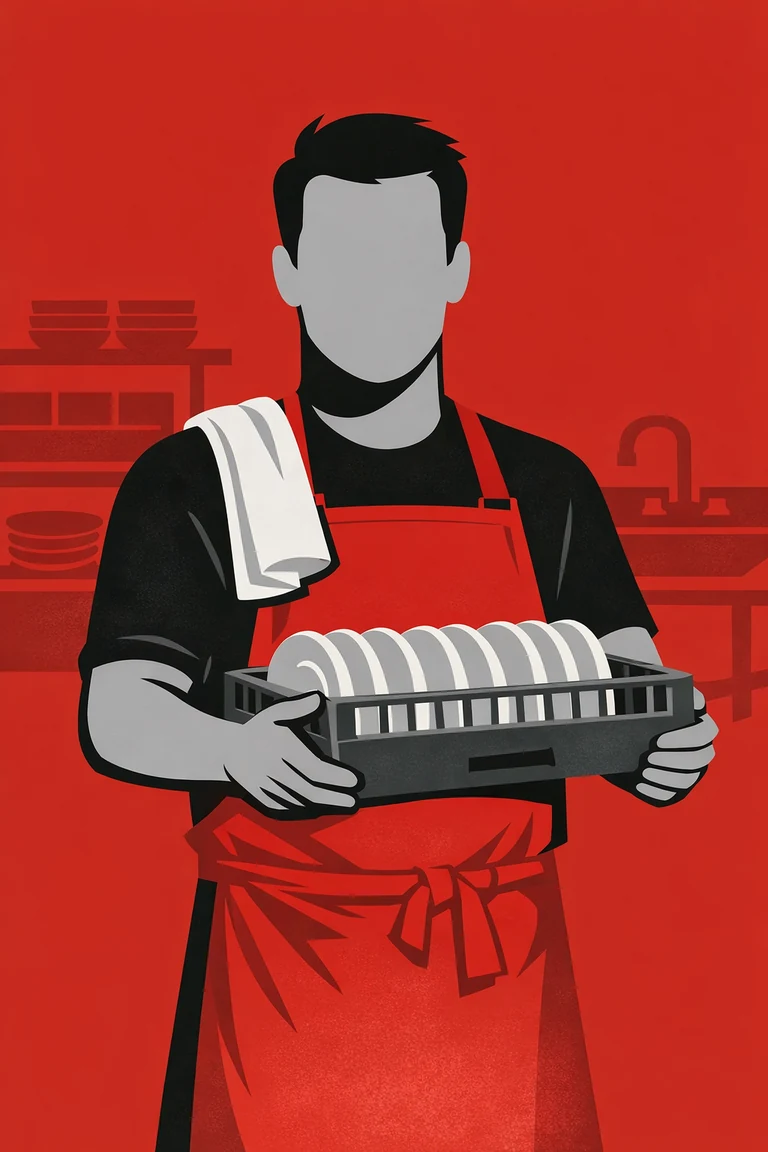 Illustration of a Kitchen Steward handling dishware